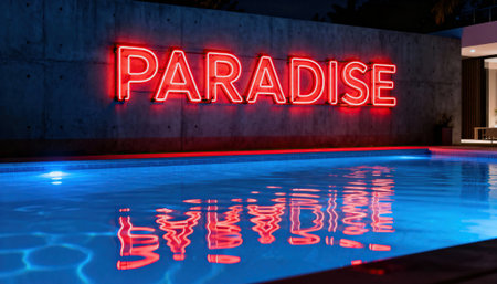 Neon sign PARADISE glows red on a concrete wall above a blue lit pool with reflective ripples and modern architecture, and the composition includes empty wall and water areas that provide visible space for text or copyの素材