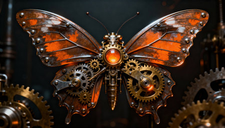 Mechanical butterfly crafted from copper and brass gears with an illuminated amber lens at its center, ornate wing plates and precision cogs evoke steampunk engineering and vintage industrial design in low lightの素材