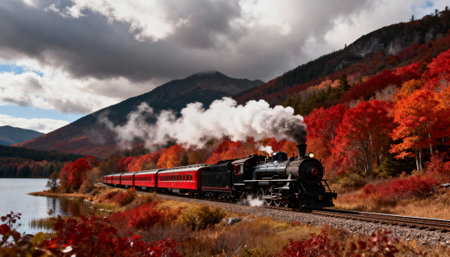 Steam train travels along lakeside tracks amid rich autumn foliage and mountains, smoke trailing behind the locomotive under moody cloudy sky with areas of open sky available for text and design useの素材