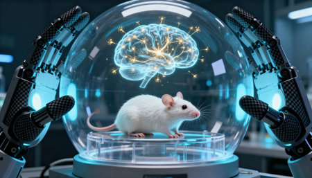 White mouse inside a transparent research dome monitored by robotic manipulators and an illuminated neural hologram above to suggest neuroscience experimentation in a sterile laboratory environmentの素材