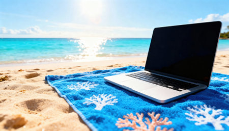 Laptop on beach towel placed on sunlit sand by a turquoise sea and clear sky, conveying remote work and leisure balance, with available empty space for text and design on the bright sky areaの素材