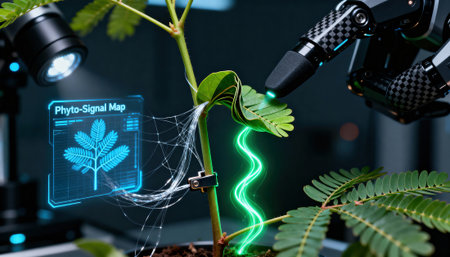 Plant stem monitored by a robotic arm with sensors and holographic phyto-signal map in a laboratory setting. Advanced plant diagnostics are represented with glowing data streams, probes, and controlled lighting for research useの素材