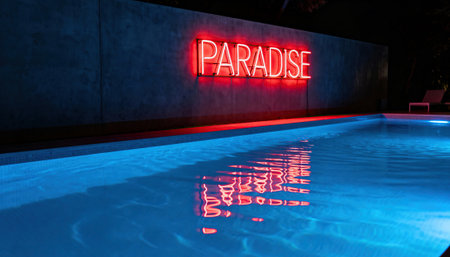 Neon sign PARADISE glows over a nighttime swimming pool with blue illuminated water and vivid red reflections, forming a moody leisure scene with a dark wall area available for text or design elementsの素材