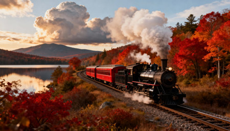 Steam train moves along lakeside tracks amid vivid autumn foliage and distant mountains, emitting white smoke and reflecting on calm water. Available space for text across the sky and lake reflection for layout useの素材