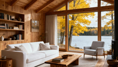 Cozy living room with warm wooden interior and white sofa facing large windows that overlook a calm autumn lake, offering abundant natural light and open space for text or design elements in editorial and commercial layoutsの素材