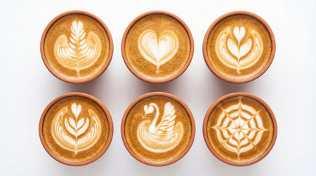 Six latte cups with intricate latte art arranged in two rows on a clean white surface, showing hearts, rosetta and swan designs with ample empty space for text and commercial layout useの素材