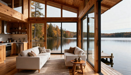 Lakeside cabin interior with warm wood finishes, modern seating and open plan kitchen overlooking a calm lake through expansive floor-to-ceiling glass, with open sky and water areas that provide space for text or graphicsの素材
