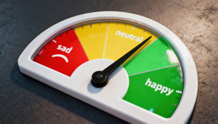 Mood gauge meter needle points toward happy on a semicircular color dial with green, yellow, and red segments showing emotional scale and a neutral indicator, with available space for text on the dark textured backgroundの素材
