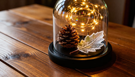 Pine cone and frosted leaf rest beneath a glass cloche lit by warm string lights on a wooden table. Soft bokeh and empty tabletop provide copyspace and breathing room for text or layout in editorial and product useの素材