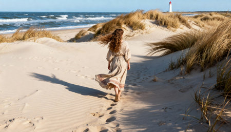 Woman walks across windswept sand dunes toward a distant lighthouse with tall beach grasses and rolling ocean waves visible, footprints trailing behind and open sky providing ample space for text or design elementsの素材