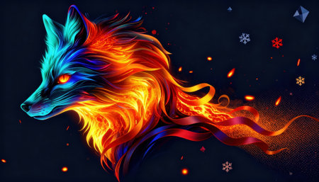 Fiery fox head in neon colors with a flowing flame mane and glowing eyes against a dark background that leaves empty space for text and scattered embers and snowflake motifs for dynamic contrastの素材