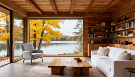 Cozy lakeview living room with warm wooden interior, contemporary furniture, and a large panoramic window overlooking autumn trees and water with available space for text on the bright sky area outside the windowの素材