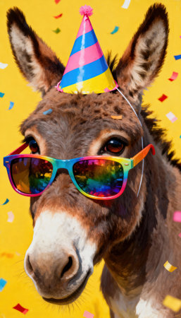 Donkey wears a colorful party hat and rainbow sunglasses against a bright yellow backdrop with falling confetti, playful expression, and a clear area available for text or design elements for promotional or greeting applicationsの素材
