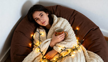 Woman wrapped in chunky blanket holds a warm mug while seated on a beanbag chair with cozy string lights draped around her. Clean wall and negative space at the top right provide copyspace for text or designの素材