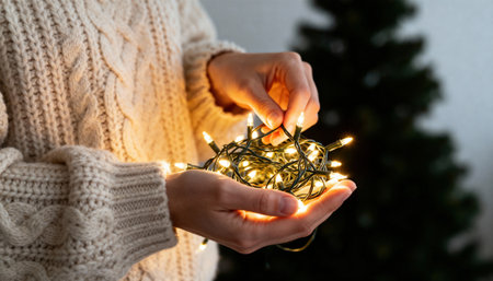 Woman holds a tangled bundle of warm glowing fairy lights while wearing a thick knitted sweater, with a blurred dark tree in the background and open copyspace to the right for text or seasonal messagingの素材
