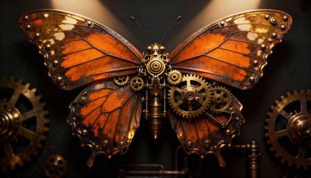 Mechanical butterfly displays aged copper wings and exposed brass gears mounted on dark industrial background, evoking steampunk engineering and vintage machinery with intricate cogs, rivets, and polished metal texturesの素材