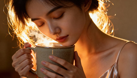 Woman holds a steaming mug close to her face while warm backlight outlines her profile and hair. The intimate portrait conveys calm morning ritual, soft skin tones, gentle steam and serene contemplative moodの素材