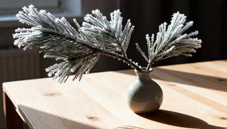 Frosted pine branches in a small ceramic vase sit on a sunlit wooden table with soft window light casting long shadows and a calm minimalist seasonal still life, with open negative space on the right available for text or layoutの素材