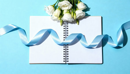 Open spiral notebook surrounded by white flowers and a flowing blue ribbon on a light blue background. Minimalistic and elegant design with space for text or messages.の素材