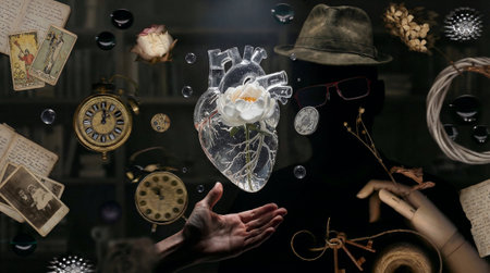 Anatomical heart with a white rose floats above a reaching hand among scattered vintage objects including pocket watches, keys, cards, and a hat, set against dark negative space with room for copy or design textの素材