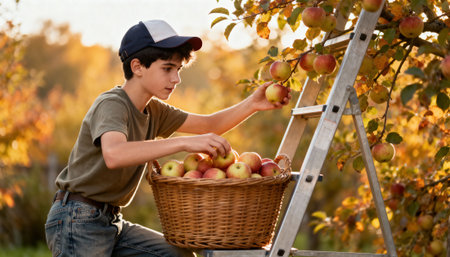 Boy picks apples from a tree while standing on a ladder in a sunlit autumn orchard with a wicker basket full of fruit, warm golden light and blurred background offering open space for copy and text placementの素材