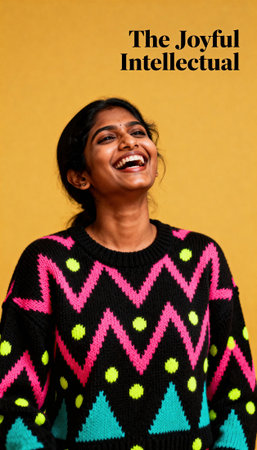 Woman laughs in colorful geometric sweater against a warm yellow backdrop with editorial title text visible. The composition leaves open copy space on the right for headlines, branding or typography in editorial useの素材