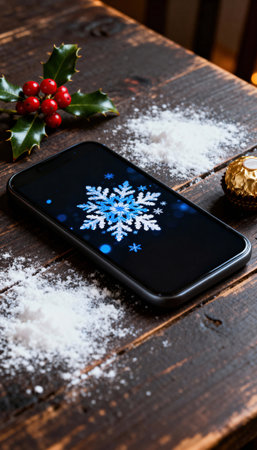 Smartphone displays glowing snowflake on a dark screen set on a rustic wooden table with holly, wrapped confection and scattered artificial snow, and there is open copyspace on the tabletop for text or design placementの素材