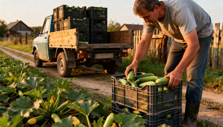 Man harvests zucchini on a rural vegetable farm while loading plastic crates beside a pickup truck, with rows of squash plants and a dirt road visible in warm golden hour light that conveys hands-on agricultural workの素材
