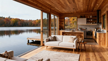 Lakeside living room with warm wooden walls and floors opens onto a dock and calm lake, combining open-plan seating and kitchen with large glass doors. Ample copyspace on the left lake area allows placement of text or graphicsの素材