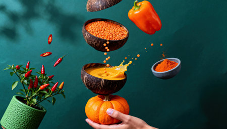 Autumn ingredients levitate above a small pumpkin held by a hand, with coconut bowls of lentils, a splash of sauce, bell pepper and chili plant against a teal background. Available space for text on the rightの素材