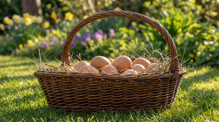 Wicker basket of brown eggs sits on grass in a sunlit garden with straw filling and soft bokeh flowers in the background, conveying a rustic farmhouse mood and available space for text on the green lawn for layoutsの素材