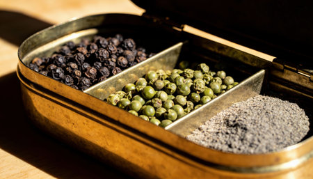 Brass spice tin holds black peppercorns, green peppercorns and ground spice with warm natural light and shallow depth of field, leaving a soft blurred background and available space for textの素材