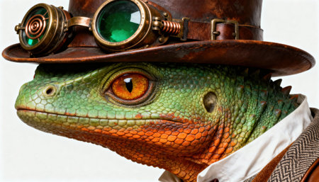 Lizard wears a leather steampunk hat with brass goggles and tailored vintage clothing, shown against a neutral background with detailed scales and rich textures and available space for text for editorial and commercial useの素材