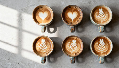 Six latte cups arranged in two rows on a textured concrete surface with heart and leaf latte art and warm sunlight casting soft shadows, leaving empty space on the left suitable for text or design placementの素材