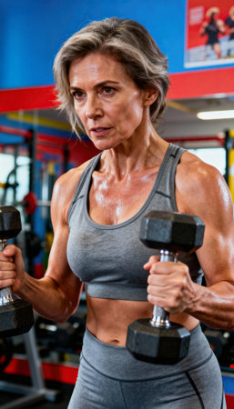 Woman lifts dumbbells in a colorful gym environment with visible muscle definition and concentrated expression. Athletic apparel and equipment convey strength training, endurance, and a healthy active lifestyleの素材