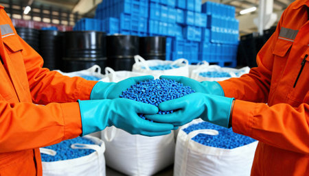 Workers handle blue plastic pellets while wearing protective gloves and orange safety uniforms in a busy industrial warehouse. Bulk bags and stacked containers indicate material handling and production supply operationsの素材