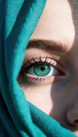 Woman wearing a teal headscarf with a close-up of a green eye and long lashes, soft natural light and textured fabric bringing intimate portrait emotion and focus on gaze and skin detailの素材