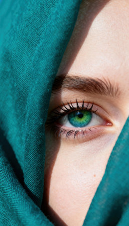 Woman's face wrapped in teal fabric reveals a vibrant green eye in a tight closeup with visible eyelashes and skin texture, natural light casts soft shadows to emphasize color contrast and intimate portrait compositionの素材