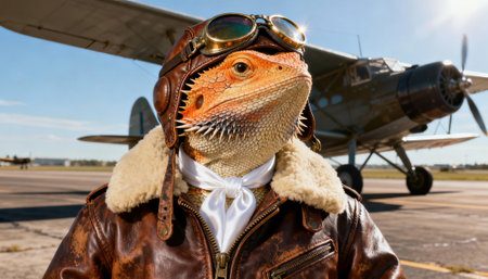 Bearded dragon stands on tarmac in aviator jacket and goggles beside a vintage propeller plane with clear sky and runway in the background. Open sky and empty tarmac provide copyspace for text or designの素材