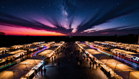 Night market stalls line a cobblestone square at dusk with neon light trails and a starry sky, visitors browse illuminated booths while long exposure captures motion and colorful streaks. Ample sky area provides copyspace for textの素材