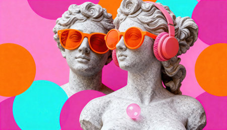 Classical marble busts wear orange sunglasses and pink headphones against a bright polka dot backdrop, blending antique sculpture with pop art accessories and playful surreal contrast that evokes modern fashion and cultural remixの素材
