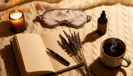 Open notebook with pen and dried lavender on a textured blanket in a warm lifestyle scene with steaming coffee, candlelight and sleep mask, with visible blank pages available for text or design placementsの素材