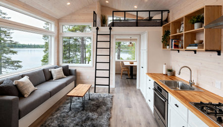 Cozy cabin interior with loft bed and kitchenette overlooking a lake, large windows bring natural light and neutral wood walls provide available space for text and design use in marketing and lifestyle layoutsの素材