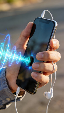 Hand holds a smartphone connected to wired earphones as a glowing audio waveform hovers near the touchscreen to represent sound and app interaction, shot with shallow depth of field and a soft blurred outdoor backgroundの素材