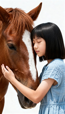 Woman presses her face against a brown horse with eyes closed in a quiet affectionate moment and a clean white background that leaves empty space for text or design use in editorial and commercial contextsの素材