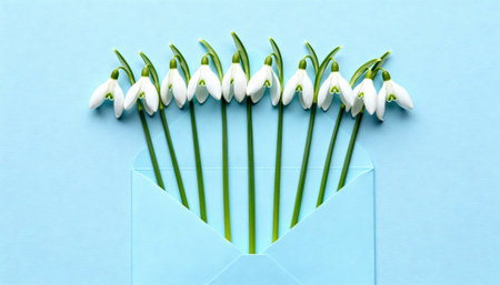 Snowdrop flowers neatly arranged in an open blue envelope on a pastel blue background. The composition evokes themes of spring, renewal, and delicate beauty.の素材