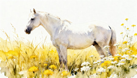 White horse stands in a sunlit meadow among yellow wildflowers and grasses with soft watercolor tones and natural light. Ample empty white space in the upper area provides room for text or design elementsの素材
