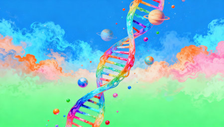 Colorful DNA helix floats through a dreamy sky with pastel clouds, planets and scattered spheres, arranged to leave clean open space for text and design elements across the compositionの素材