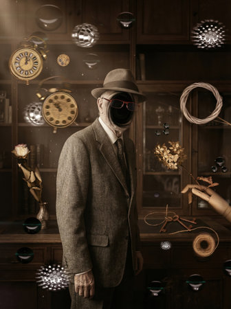 Man in vintage suit and fedora stands in a dim antique study with floating clockwork objects and surreal elements suggesting mystery and time, with hands and tools arranged on wooden shelves in warm moody tonesの素材