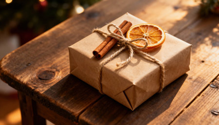 Wrapped holiday gift with cinnamon sticks and dried orange slice on a rustic wooden table in warm natural light, with a soft blurred background that provides space for text and seasonal stylingの素材
